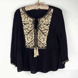 Boho Gold Black ee:some Med Embroidered Tassel Blouse